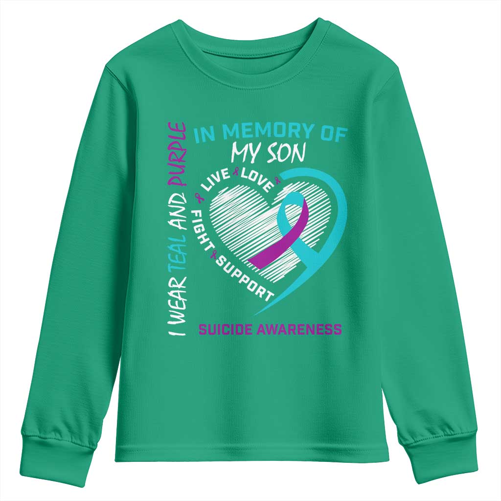 In Memory of My Son Suicide Awareness Youth Sweatshirt Teal and Purple Ribbon Remembrance Gift