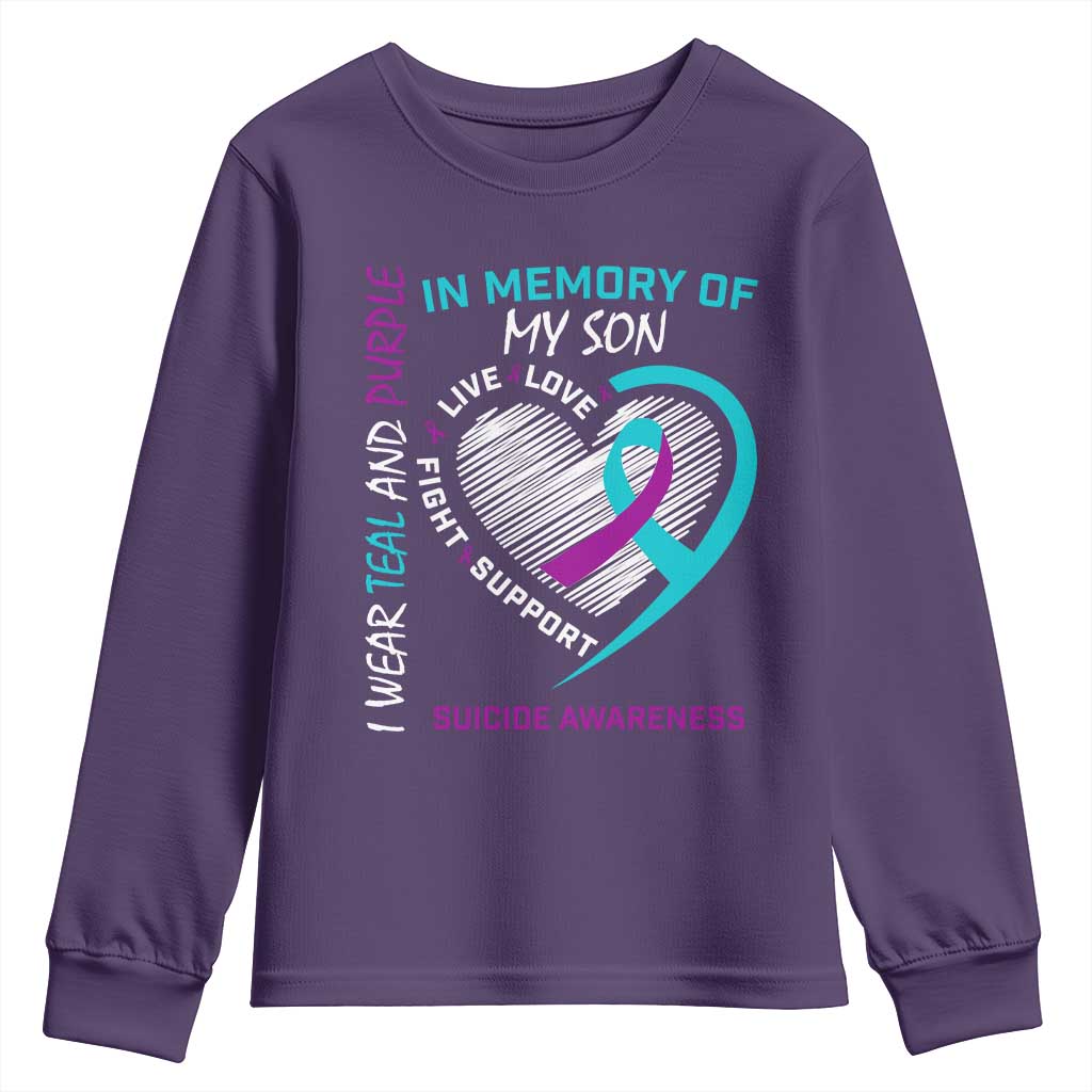 In Memory of My Son Suicide Awareness Youth Sweatshirt Teal and Purple Ribbon Remembrance Gift