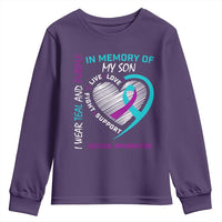 In Memory of My Son Suicide Awareness Youth Sweatshirt Teal and Purple Ribbon Remembrance Gift