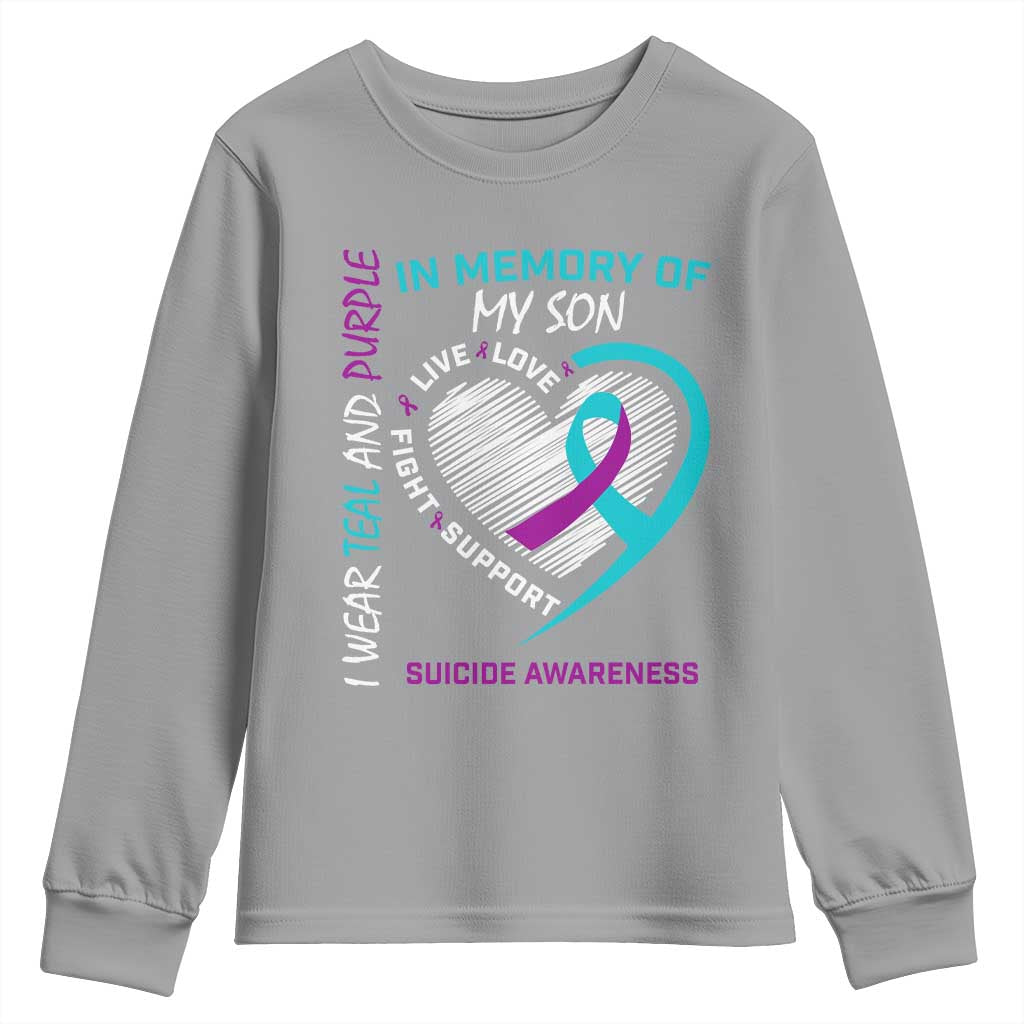 In Memory of My Son Suicide Awareness Youth Sweatshirt Teal and Purple Ribbon Remembrance Gift