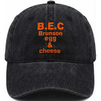 B.E.C. Brunson Egg and Cheese Sandwich Pun Washed Cotton Baseball Cap Funny New York Bodega Breakfast Basketball Fan