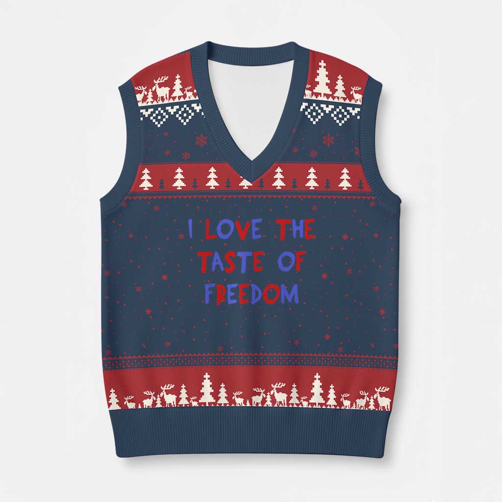 I Love The Taste Of Freedom Americana Matching Couple V-Neck Knit Sweater Vest Funny Patriotic Red White and Blue 4th of July