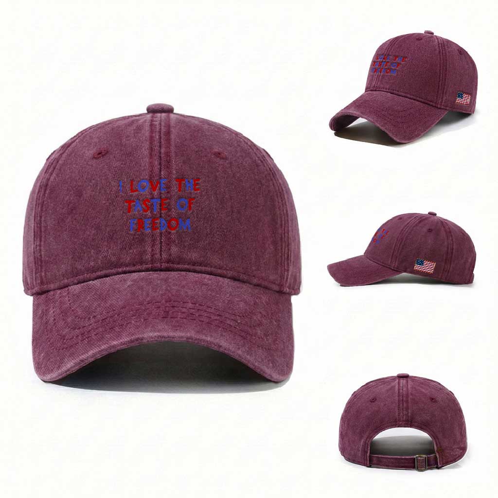 I Love The Taste Of Freedom Americana Matching Couple Washed Cotton Baseball Cap Funny Patriotic Red White and Blue 4th of July