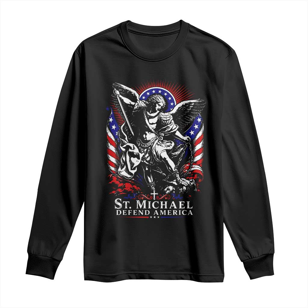 St Michael Defend America Archangel Graphic Long Sleeve Shirt Christian Faith Patriotic