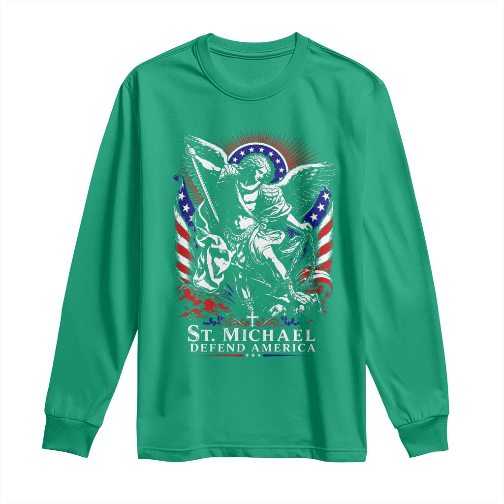 St Michael Defend America Archangel Graphic Long Sleeve Shirt Christian Faith Patriotic