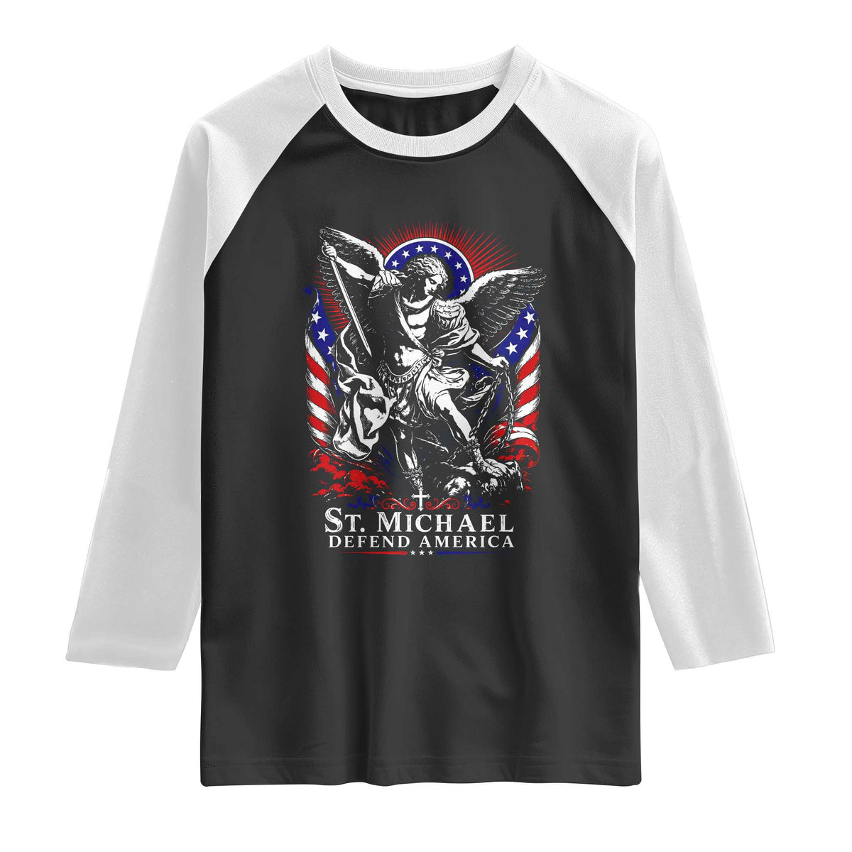 St Michael Defend America Archangel Graphic Raglan Shirt Christian Faith Patriotic