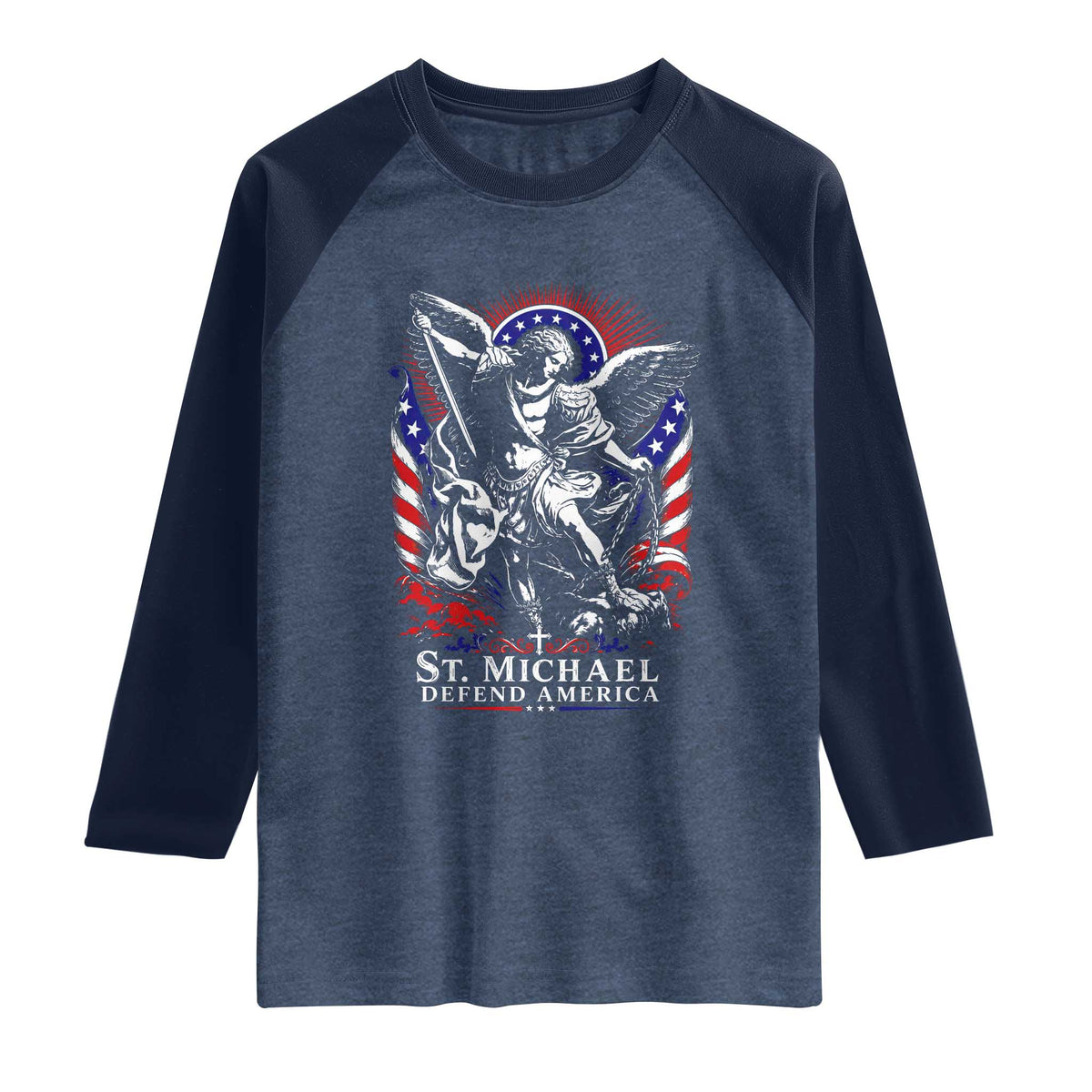St Michael Defend America Archangel Graphic Raglan Shirt Christian Faith Patriotic