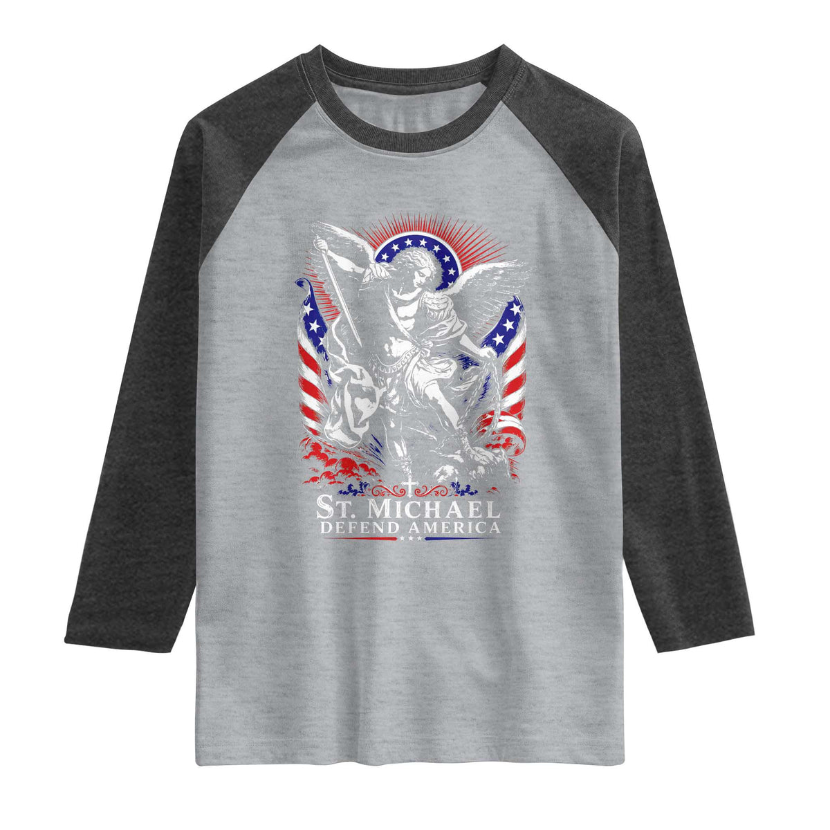 St Michael Defend America Archangel Graphic Raglan Shirt Christian Faith Patriotic