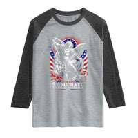 St Michael Defend America Archangel Graphic Raglan Shirt Christian Faith Patriotic