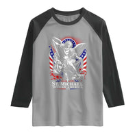 St Michael Defend America Archangel Graphic Raglan Shirt Christian Faith Patriotic