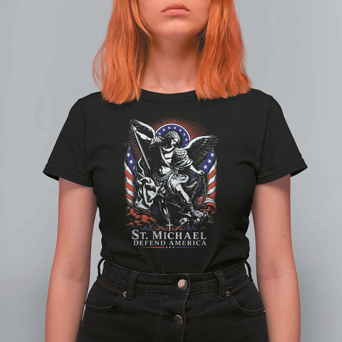 St Michael Defend America Archangel Graphic T Shirt For Women Christian Faith Patriotic