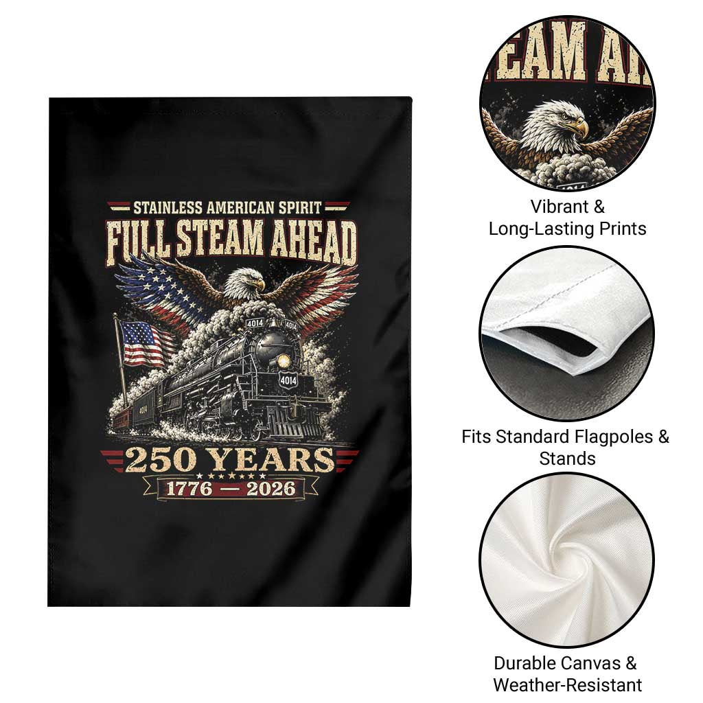 Full Steam Ahead Patriotic Bald Eagle Garden Flag Vintage Stainless American Spirit Steam Locomotive Heritage
