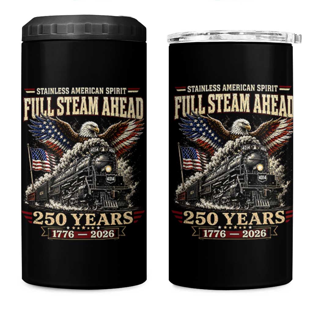 Full Steam Ahead Patriotic Bald Eagle 4 in 1 Can Cooler Tumbler Vintage Stainless American Spirit Steam Locomotive Heritage