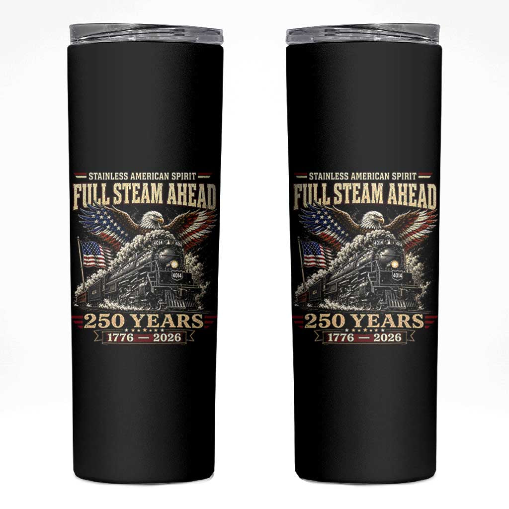 Full Steam Ahead Patriotic Bald Eagle Skinny Tumbler Vintage Stainless American Spirit Steam Locomotive Heritage