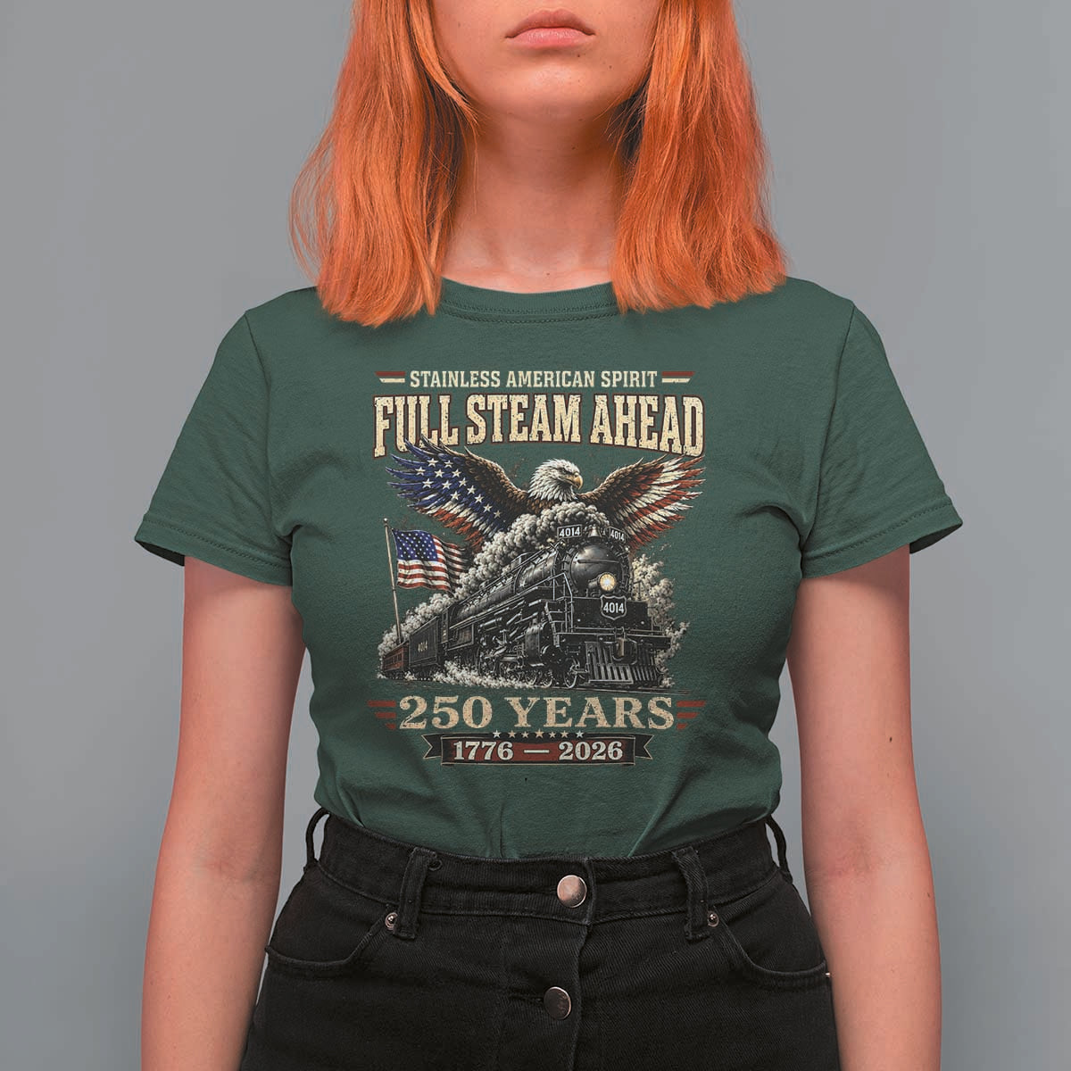 Full Steam Ahead Patriotic Bald Eagle T Shirt For Women Vintage Stainless American Spirit Steam Locomotive Heritage