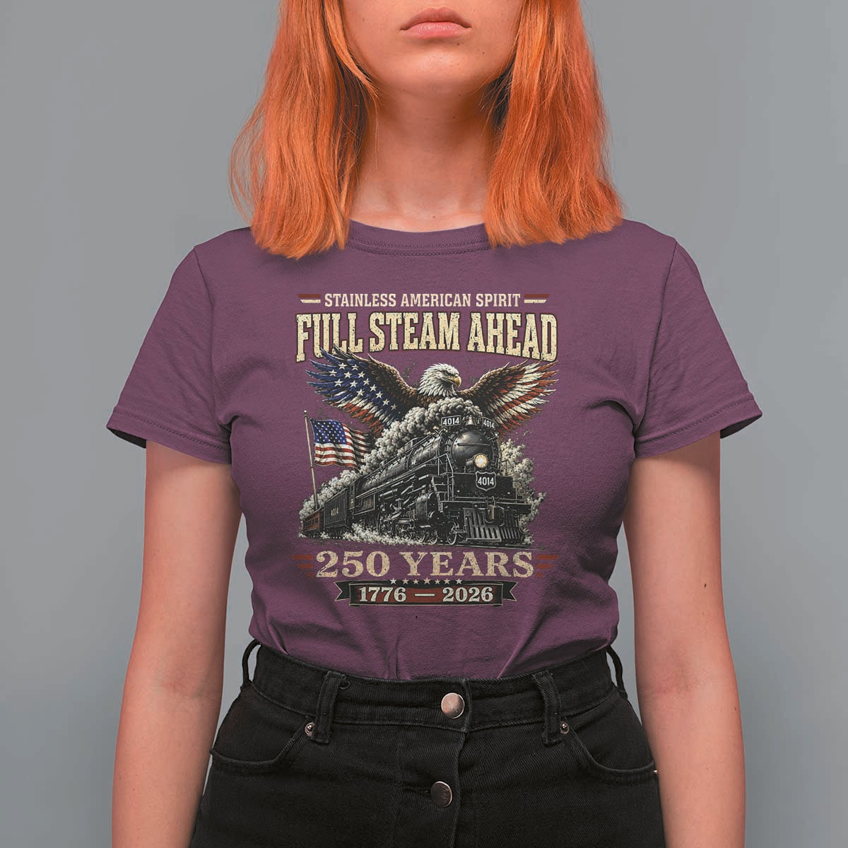 Full Steam Ahead Patriotic Bald Eagle T Shirt For Women Vintage Stainless American Spirit Steam Locomotive Heritage