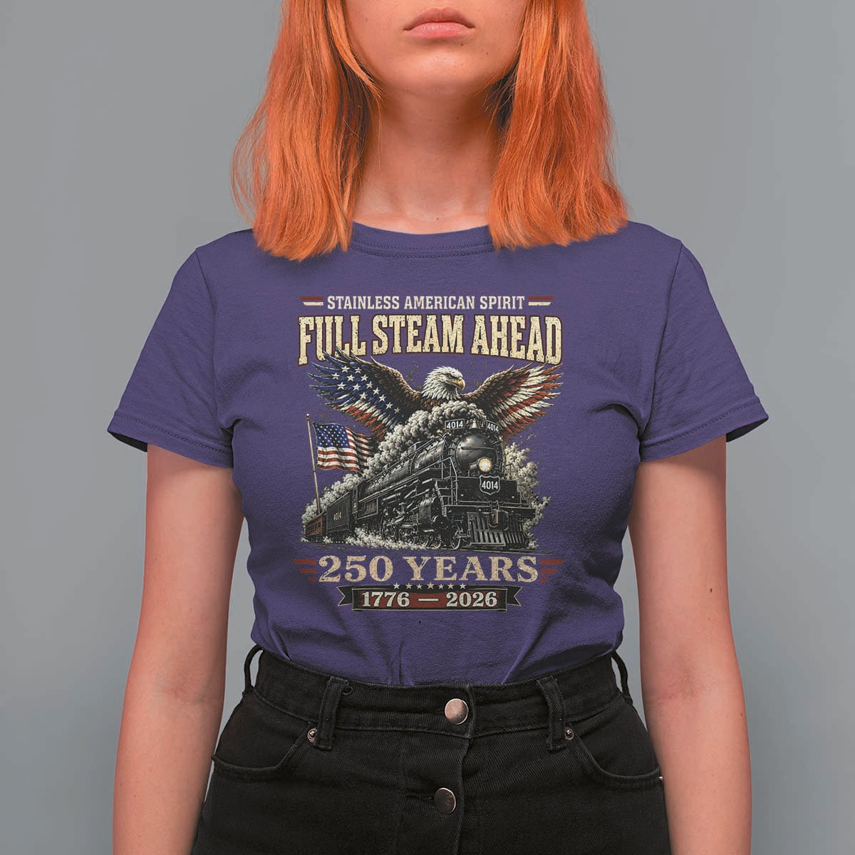 Full Steam Ahead Patriotic Bald Eagle T Shirt For Women Vintage Stainless American Spirit Steam Locomotive Heritage
