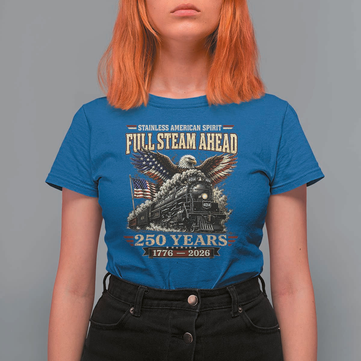 Full Steam Ahead Patriotic Bald Eagle T Shirt For Women Vintage Stainless American Spirit Steam Locomotive Heritage