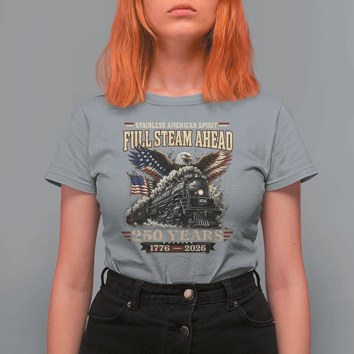 Full Steam Ahead Patriotic Bald Eagle T Shirt For Women Vintage Stainless American Spirit Steam Locomotive Heritage