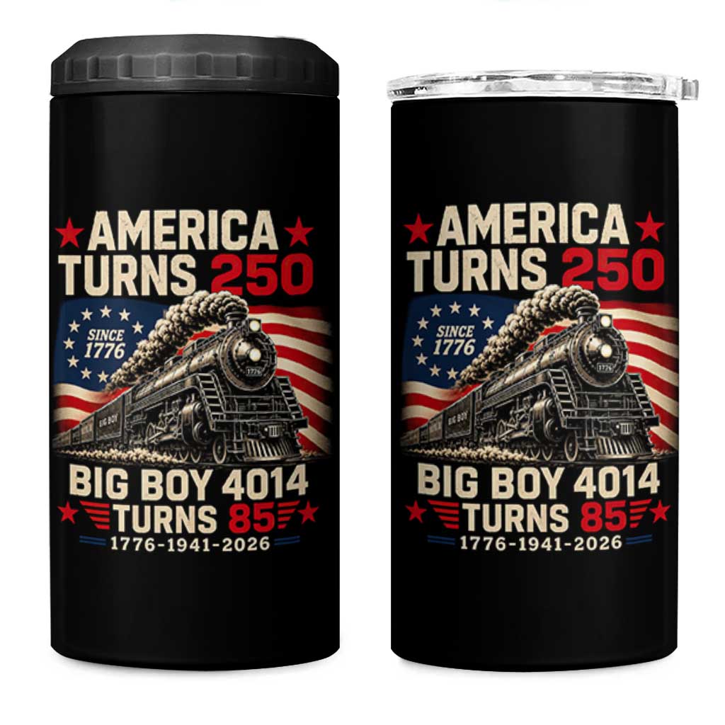 America Turns 250 Steam Locomotive Turns 85 4 in 1 Can Cooler Tumbler Vintage Railroad Steam Engine 85th USA 250th Anniversary