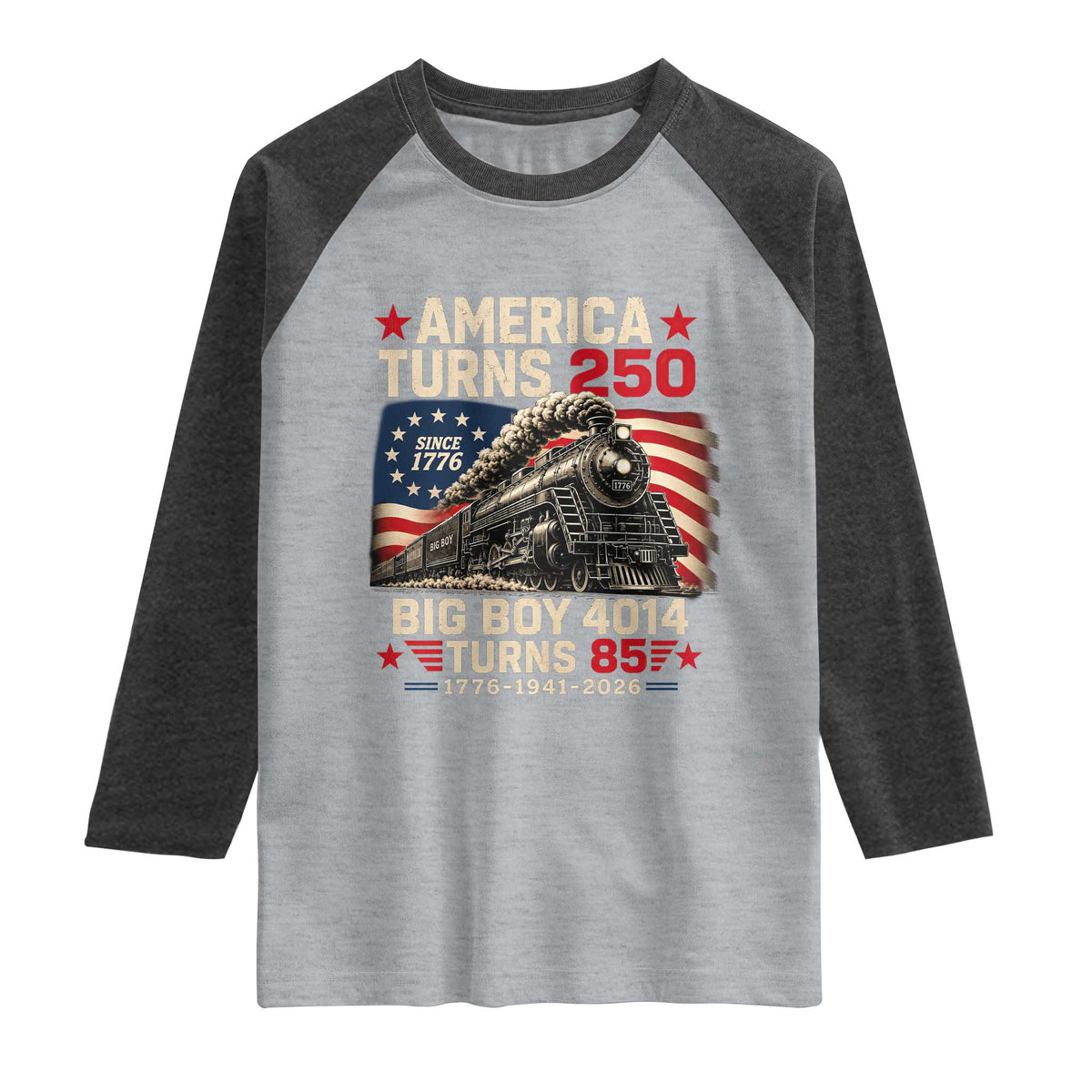 America Turns 250 Steam Locomotive Turns 85 Raglan Shirt Vintage Railroad Steam Engine 85th USA 250th Anniversary