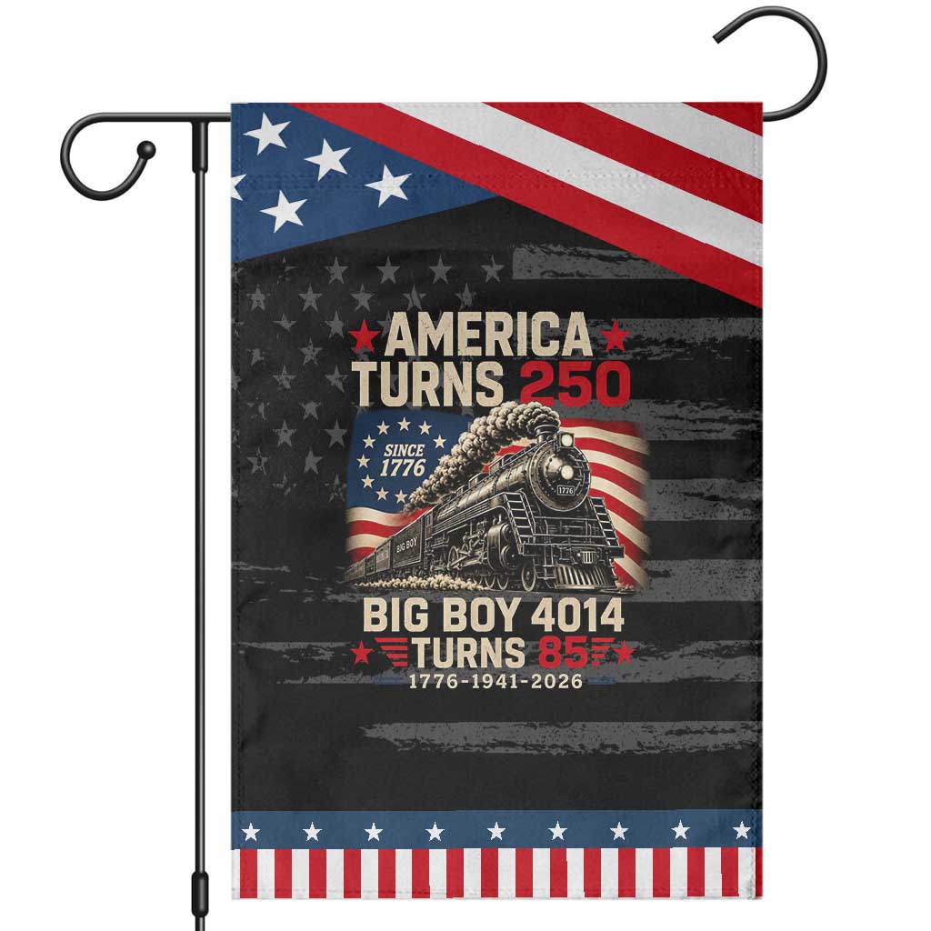 America Turns 250 Steam Locomotive Turns 85 Patriotic Garden Flag Vintage Railroad Steam Engine 85th USA 250th Anniversary