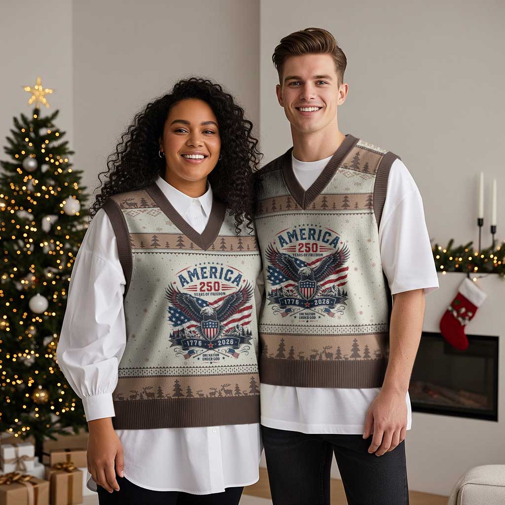 250 Years of Freedom Patriotic Eagle V-Neck Knit Sweater Vest One Nation Under God 1776-2026 250th Anniversary