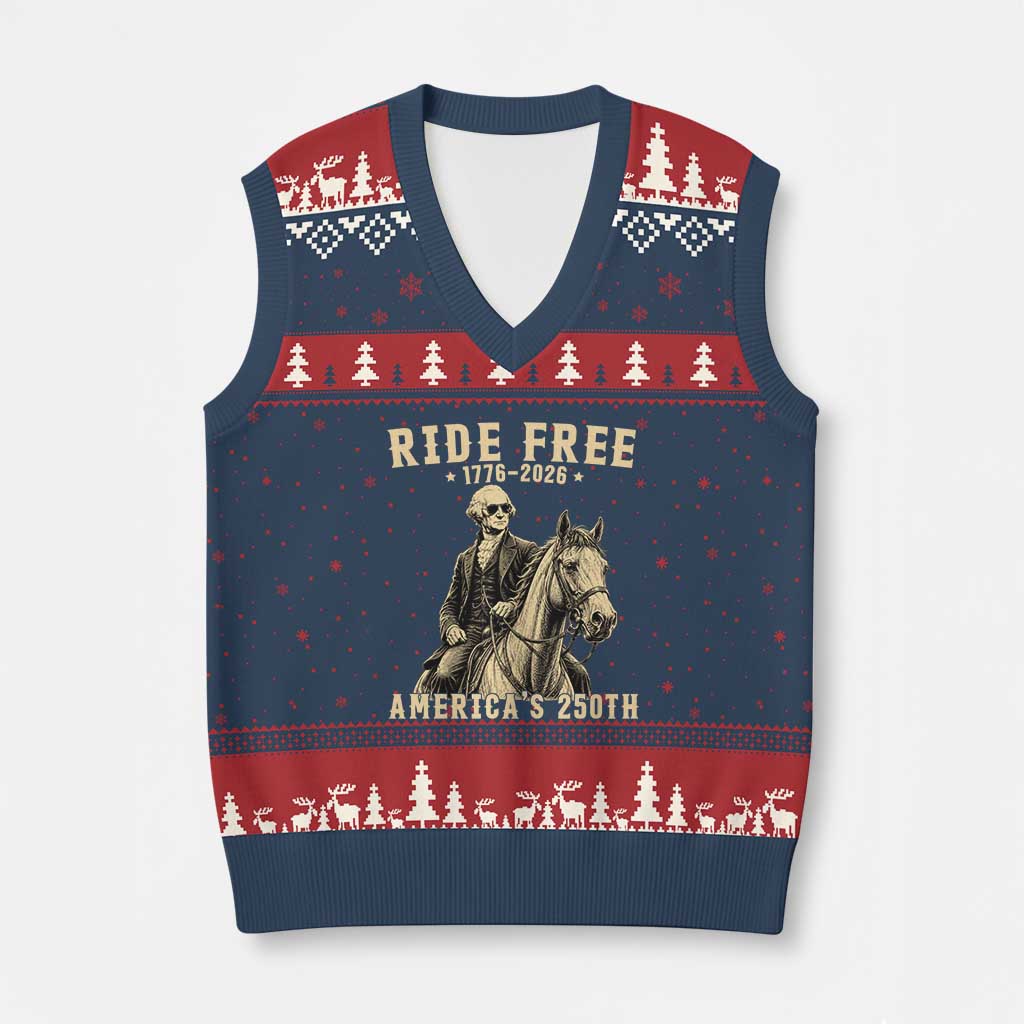 Ride Free 1776-2026 George Washington on Horseback Graphic V-Neck Knit Sweater Vest Vintage 250th Anniversary Semiquincentennial