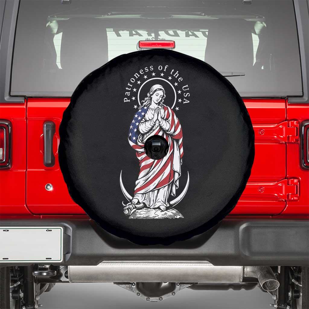 Patroness of the USA Virgin Mary Graphic Spare Tire Cover Patriotic American Flag Catholic Faith