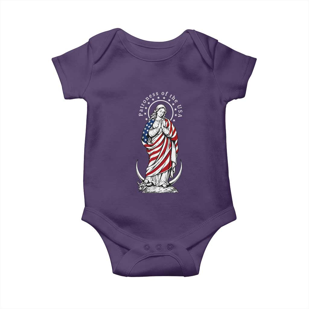 Patroness of the USA Virgin Mary Graphic Baby Onesie Patriotic American Flag Catholic Faith