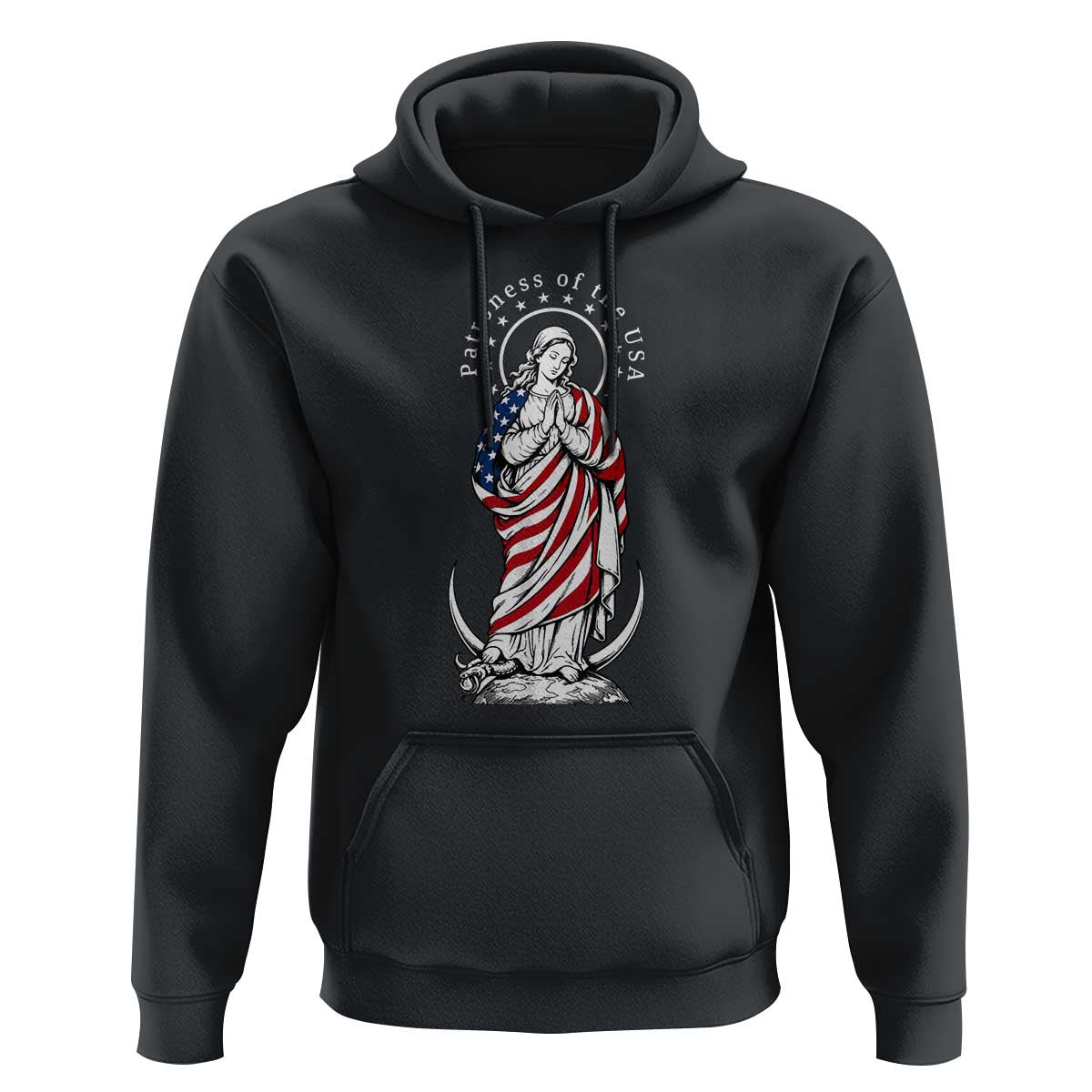Patroness of the USA Virgin Mary Graphic Hoodie Patriotic American Flag Catholic Faith