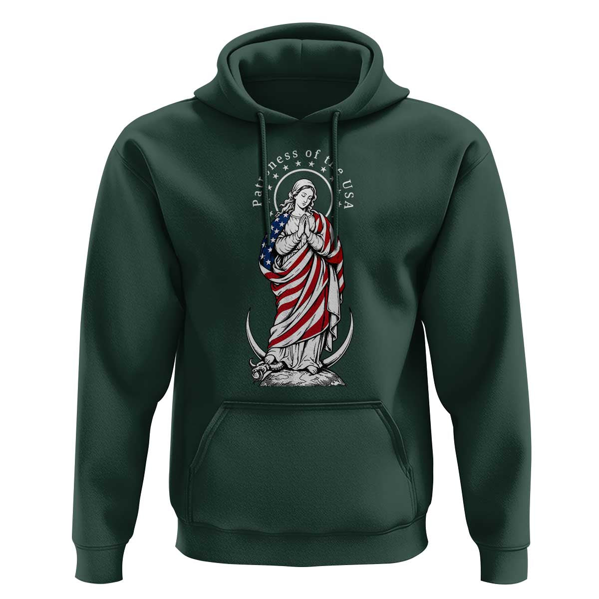 Patroness of the USA Virgin Mary Graphic Hoodie Patriotic American Flag Catholic Faith