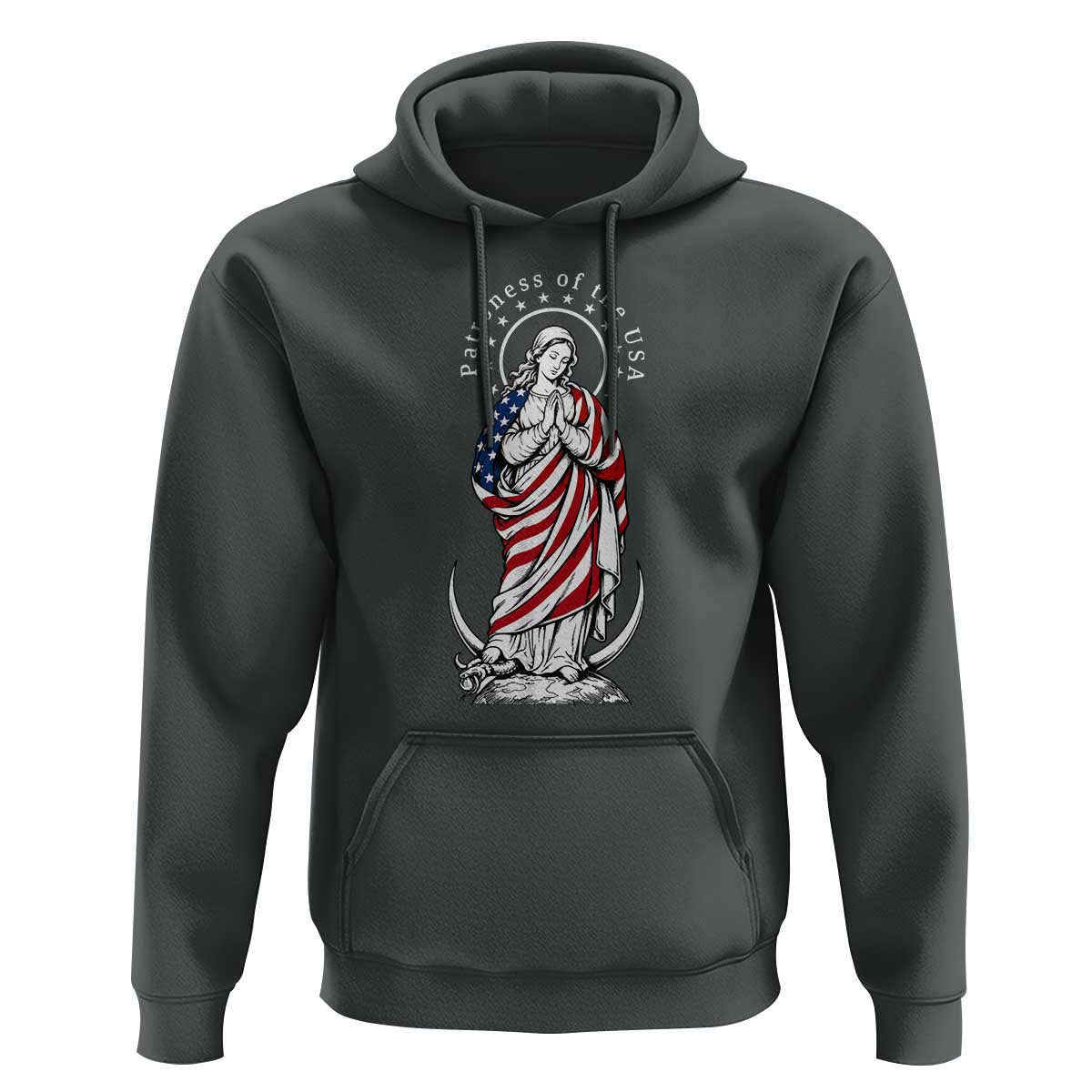 Patroness of the USA Virgin Mary Graphic Hoodie Patriotic American Flag Catholic Faith