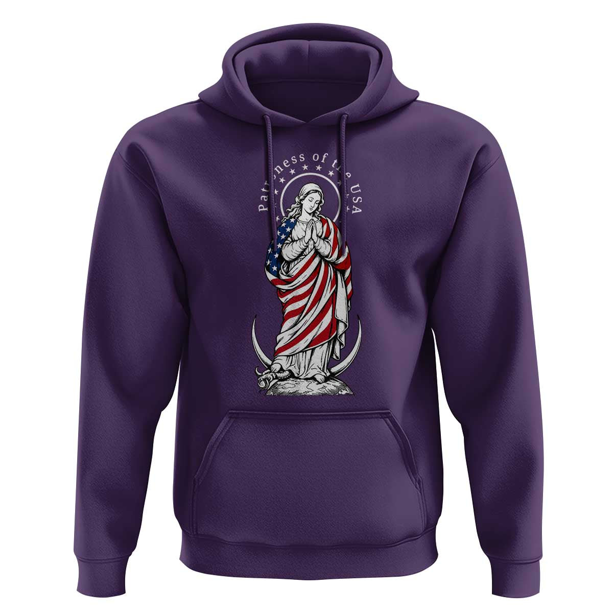 Patroness of the USA Virgin Mary Graphic Hoodie Patriotic American Flag Catholic Faith