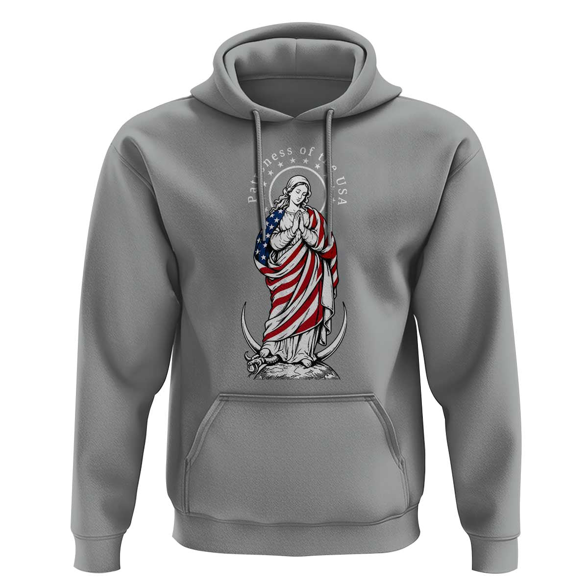 Patroness of the USA Virgin Mary Graphic Hoodie Patriotic American Flag Catholic Faith