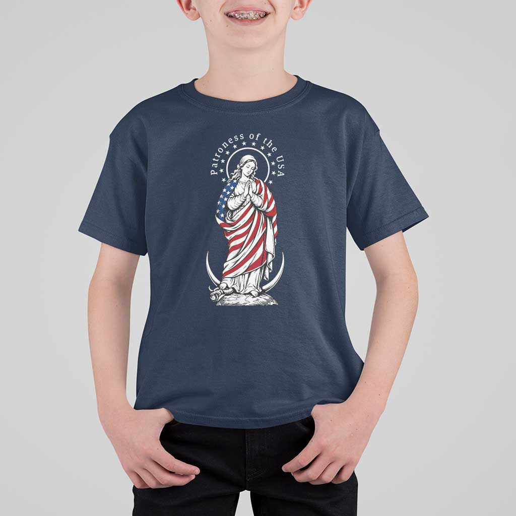 Patroness of the USA Virgin Mary Graphic T Shirt For Kid Patriotic American Flag Catholic Faith