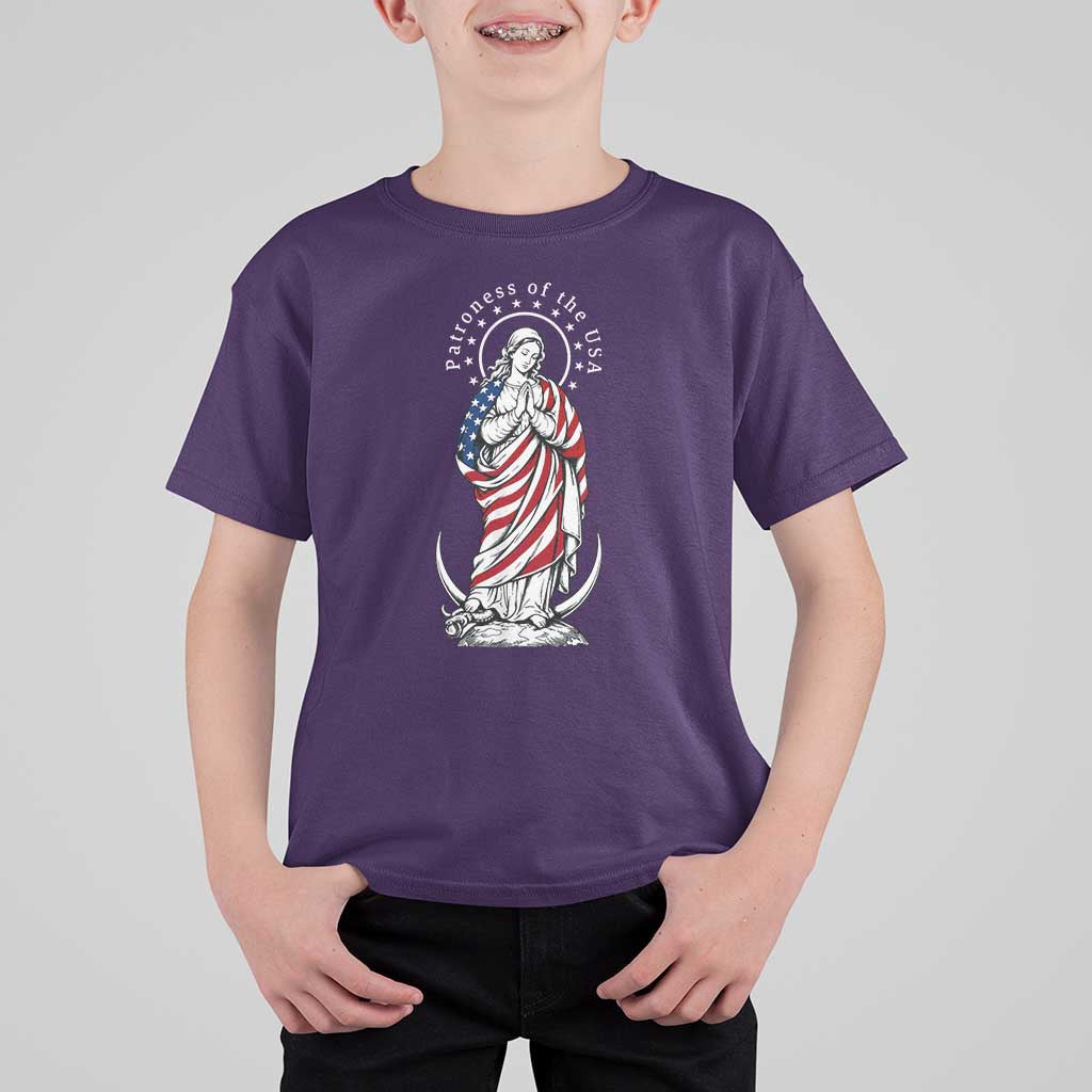 Patroness of the USA Virgin Mary Graphic T Shirt For Kid Patriotic American Flag Catholic Faith