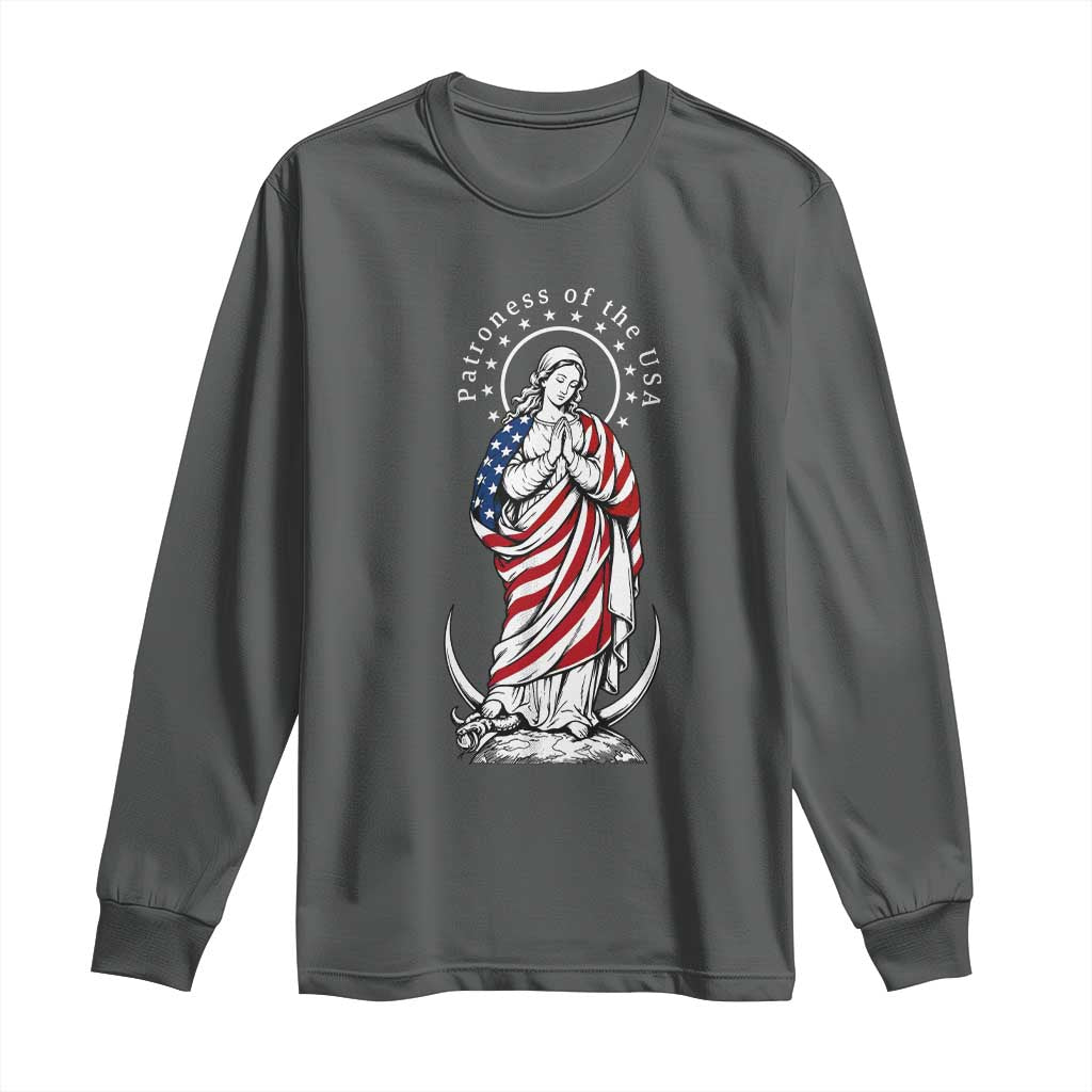 Patroness of the USA Virgin Mary Graphic Long Sleeve Shirt Patriotic American Flag Catholic Faith