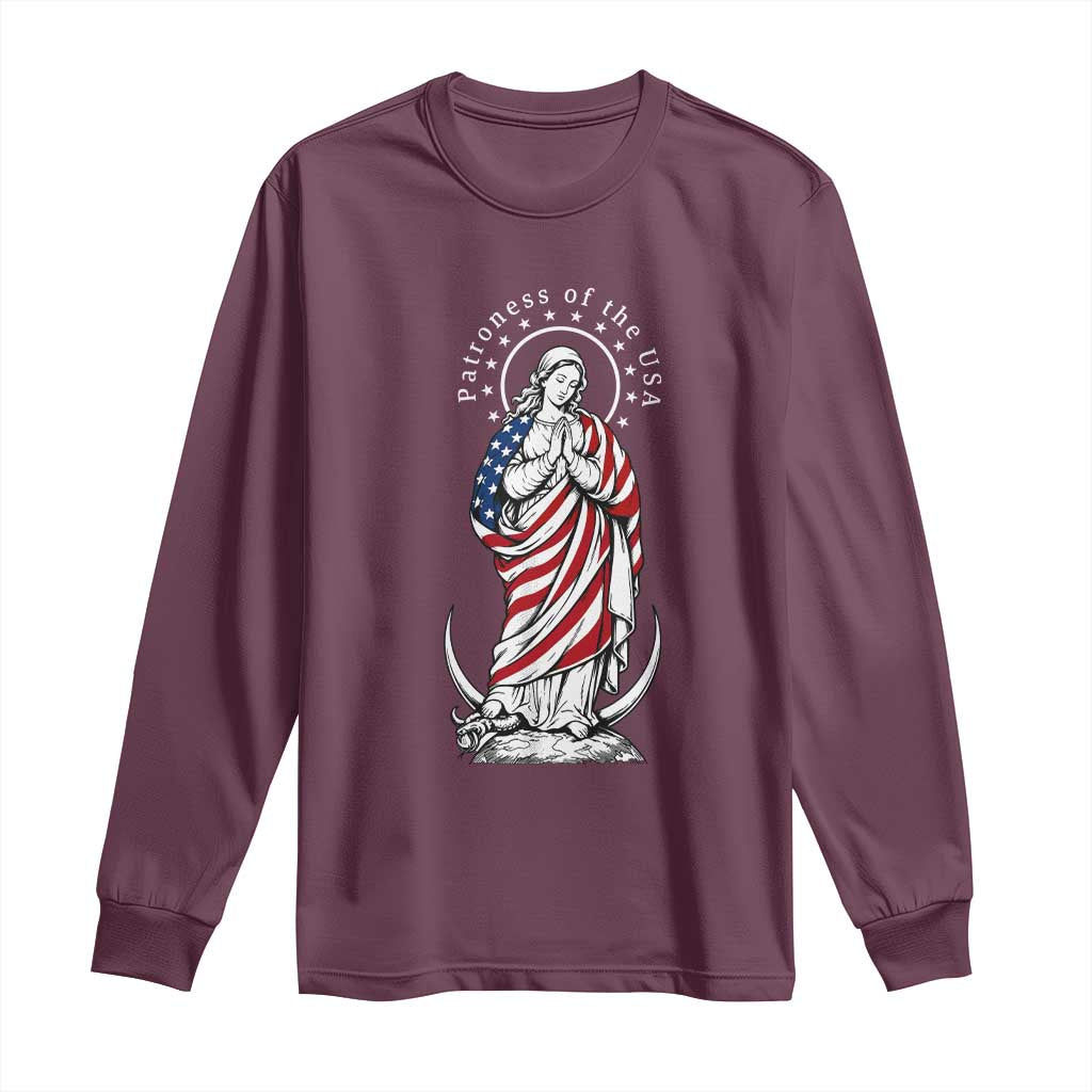 Patroness of the USA Virgin Mary Graphic Long Sleeve Shirt Patriotic American Flag Catholic Faith