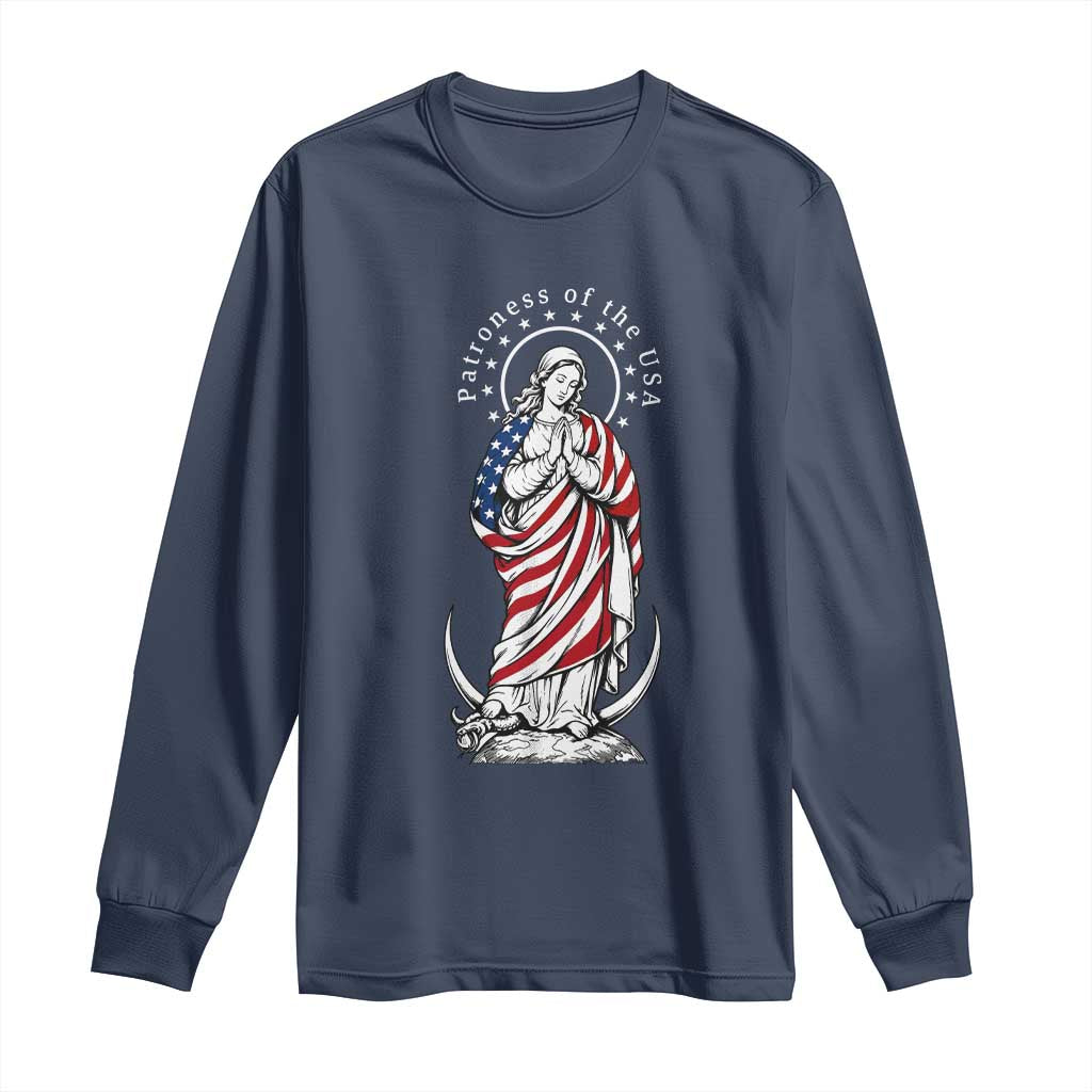 Patroness of the USA Virgin Mary Graphic Long Sleeve Shirt Patriotic American Flag Catholic Faith
