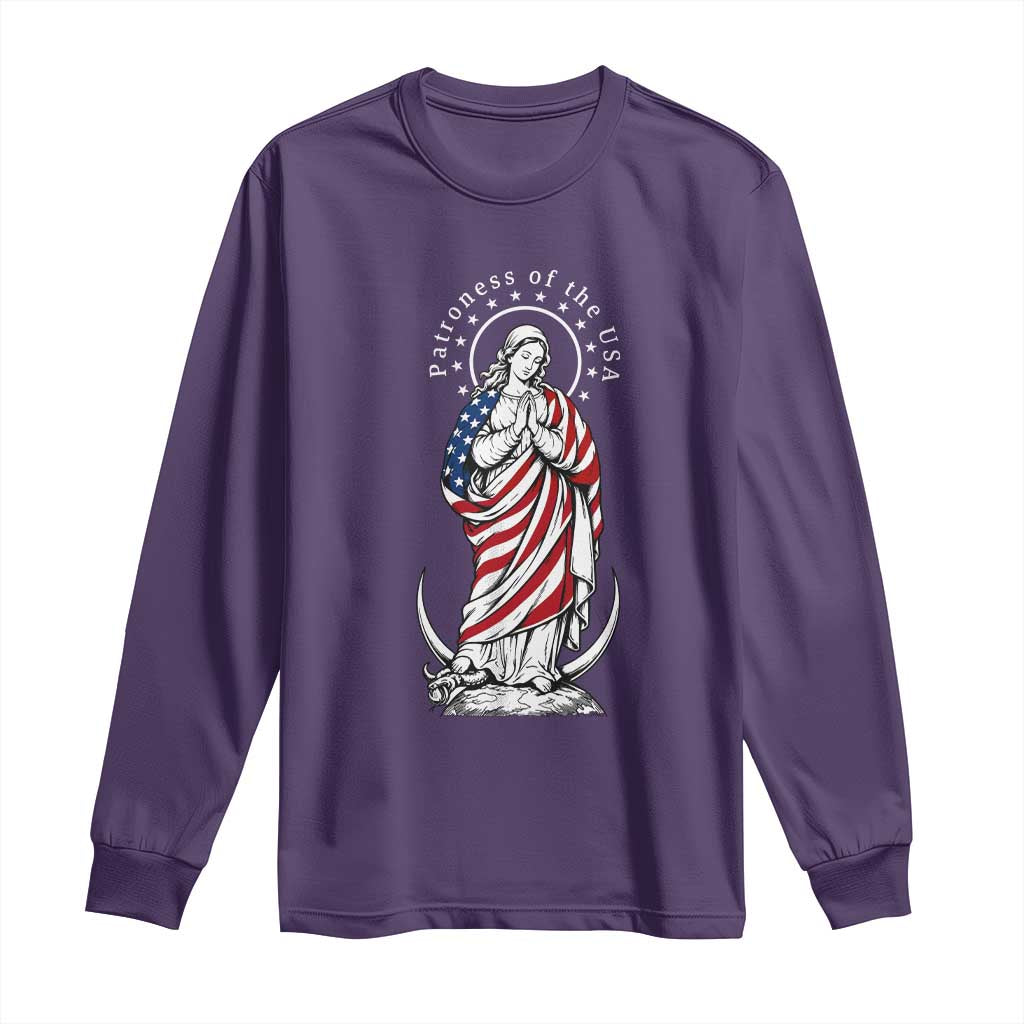 Patroness of the USA Virgin Mary Graphic Long Sleeve Shirt Patriotic American Flag Catholic Faith