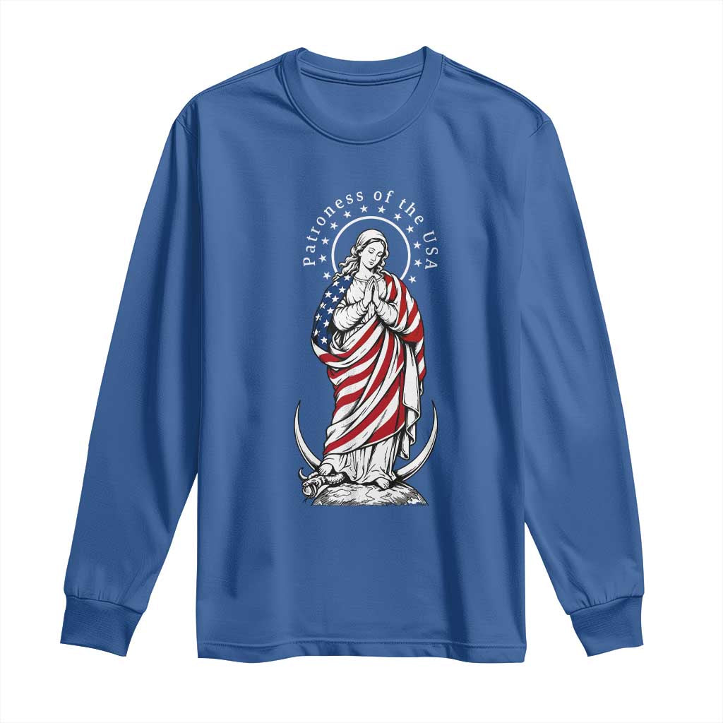 Patroness of the USA Virgin Mary Graphic Long Sleeve Shirt Patriotic American Flag Catholic Faith