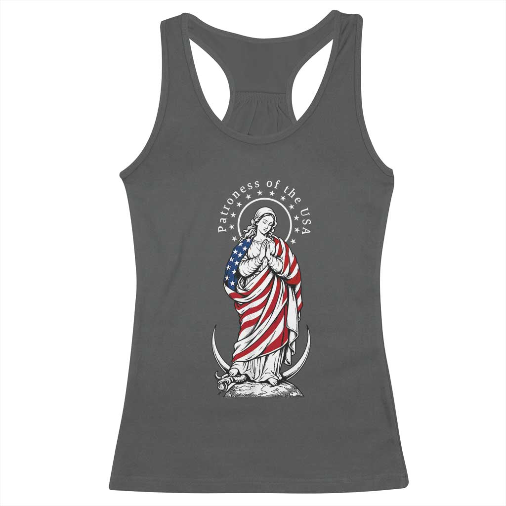 Patroness of the USA Virgin Mary Graphic Racerback Tank Top Patriotic American Flag Catholic Faith