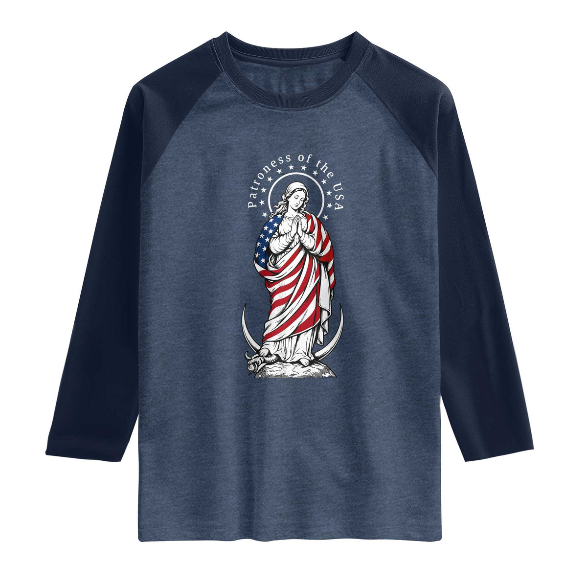 Patroness of the USA Virgin Mary Graphic Raglan Shirt Patriotic American Flag Catholic Faith