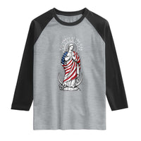 Patroness of the USA Virgin Mary Graphic Raglan Shirt Patriotic American Flag Catholic Faith