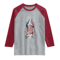 Patroness of the USA Virgin Mary Graphic Raglan Shirt Patriotic American Flag Catholic Faith