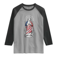 Patroness of the USA Virgin Mary Graphic Raglan Shirt Patriotic American Flag Catholic Faith