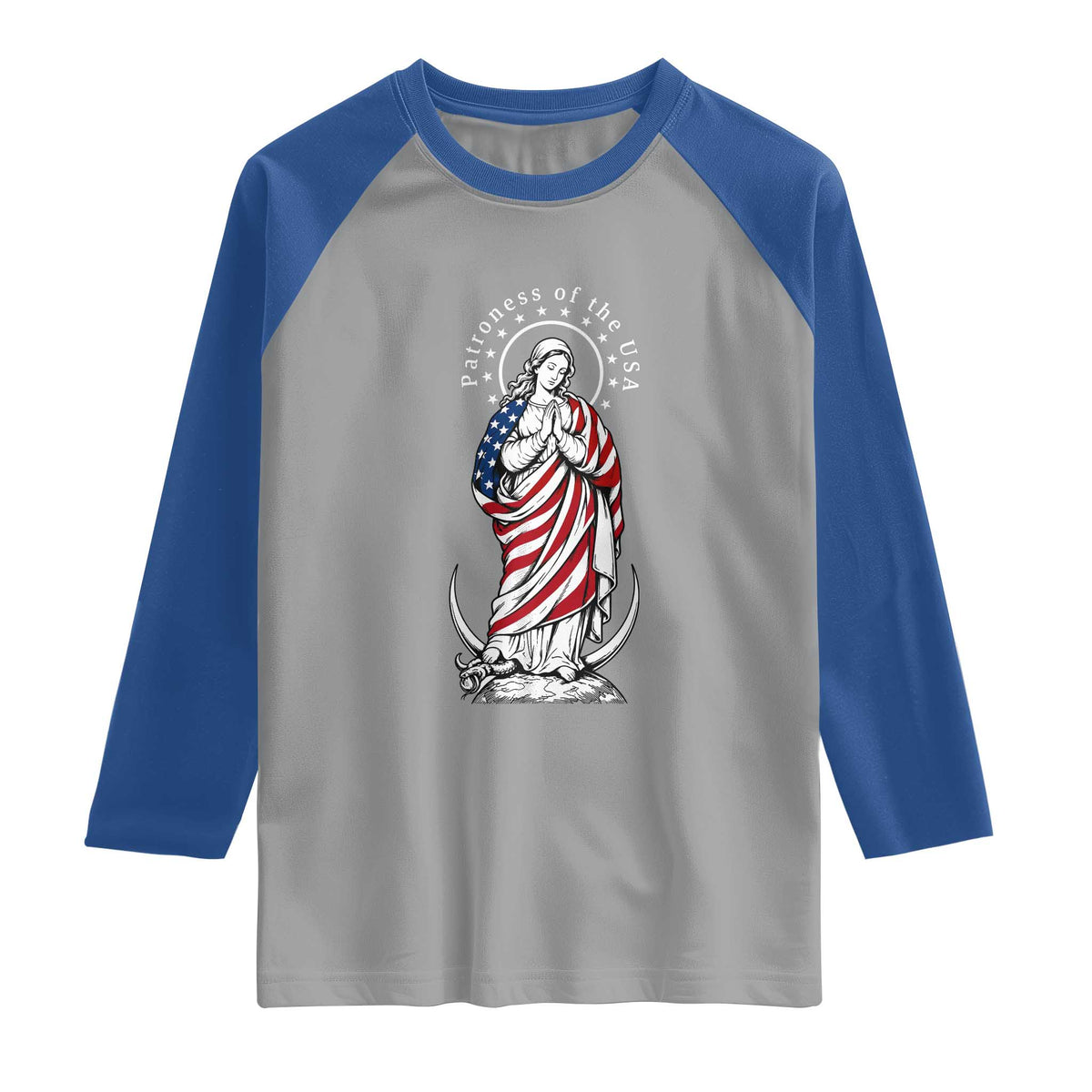 Patroness of the USA Virgin Mary Graphic Raglan Shirt Patriotic American Flag Catholic Faith