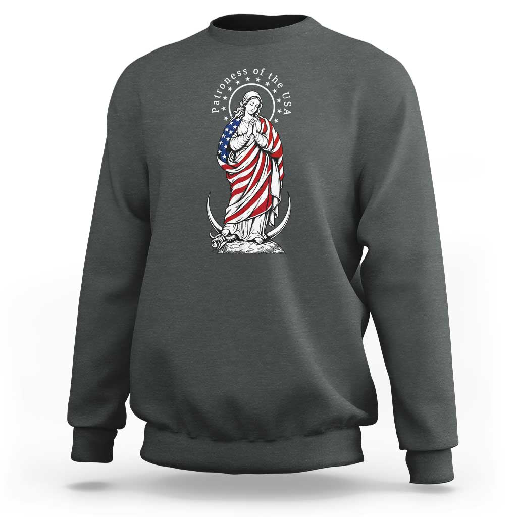 Patroness of the USA Virgin Mary Graphic Sweatshirt Patriotic American Flag Catholic Faith