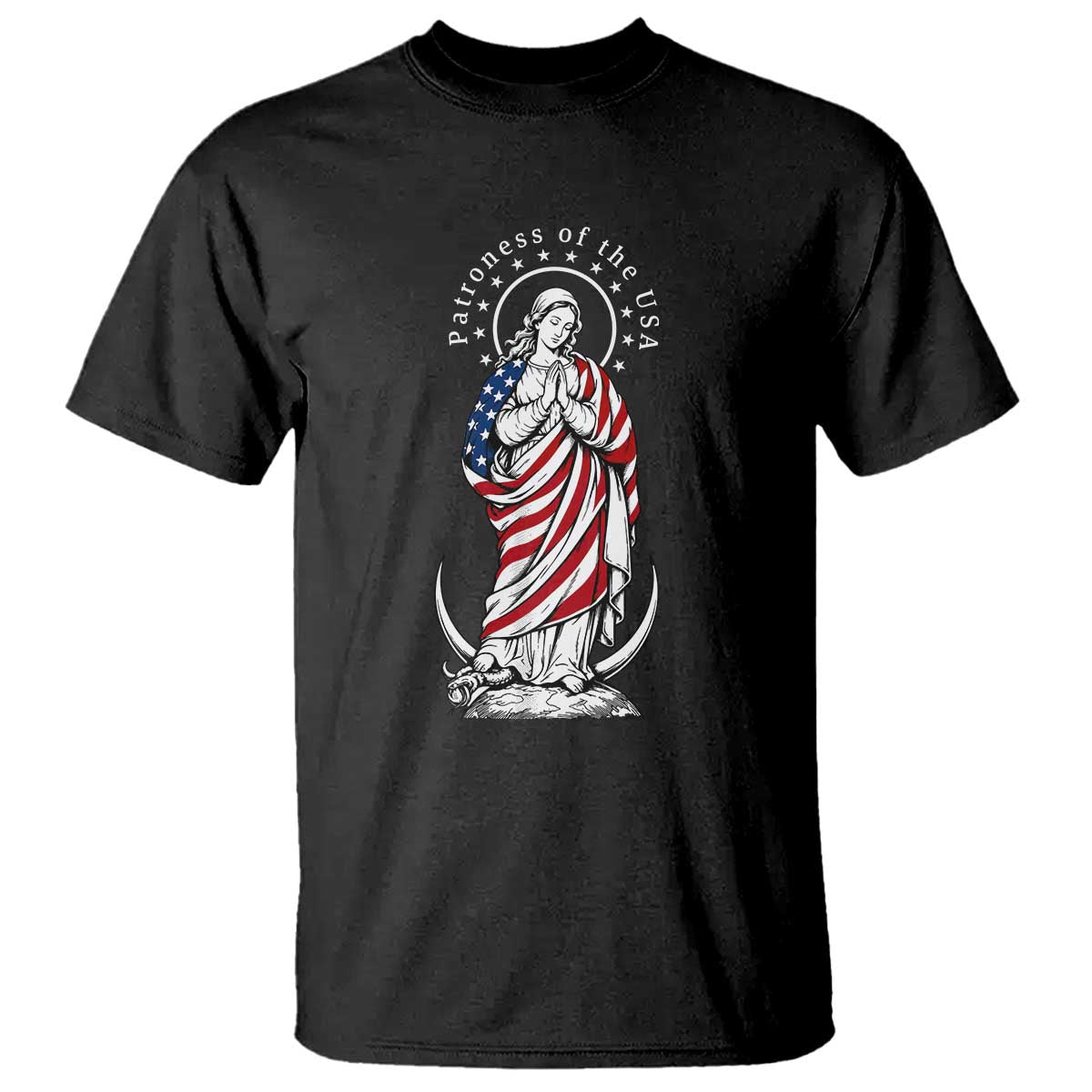 Patroness of the USA Virgin Mary Graphic T Shirt Patriotic American Flag Catholic Faith